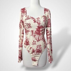 Yozy Bodysuit Women One Piece Body Blouse Size XXL 14 Cream Burgundy Long Sleeve